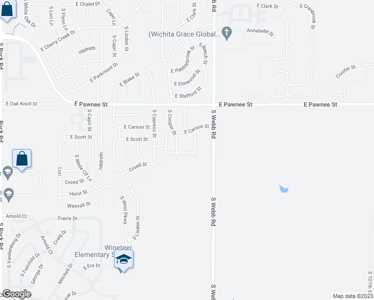 map of restaurants, bars, coffee shops, grocery stores, and more near 9402 East Marion Street in Wichita