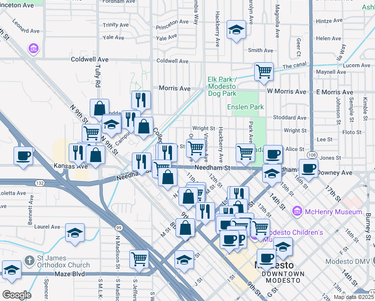 map of restaurants, bars, coffee shops, grocery stores, and more near 128 Olive Avenue in Modesto