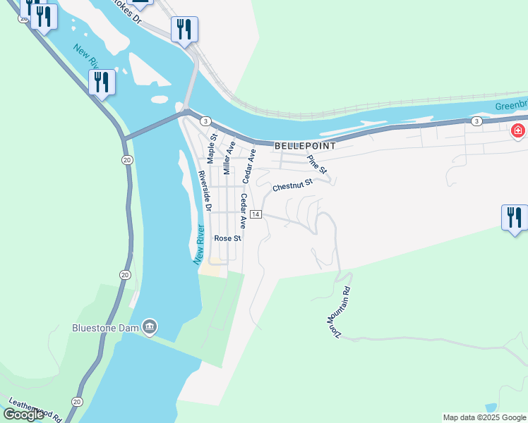 map of restaurants, bars, coffee shops, grocery stores, and more near 408 Chestnut Street in Hinton