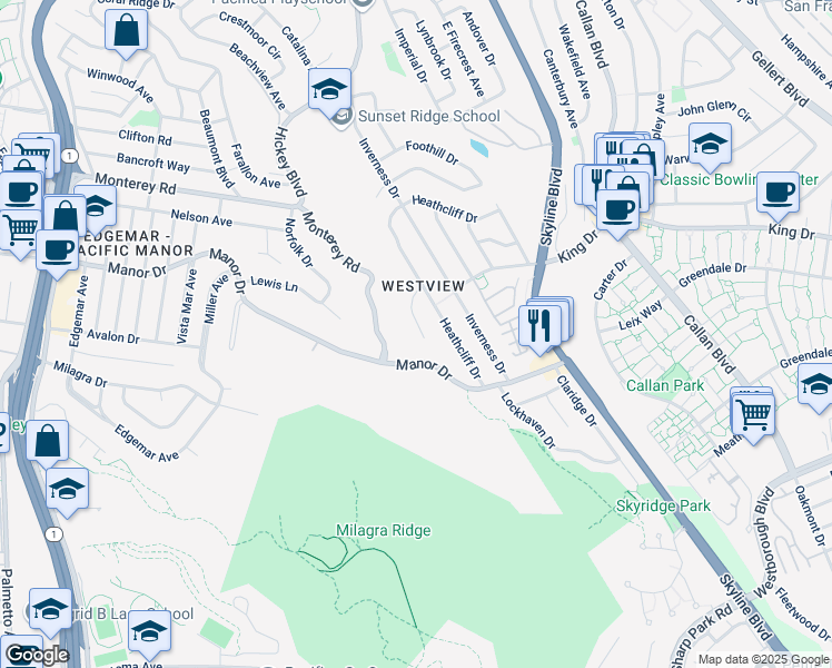 map of restaurants, bars, coffee shops, grocery stores, and more near 184 Lorry Lane in Pacifica