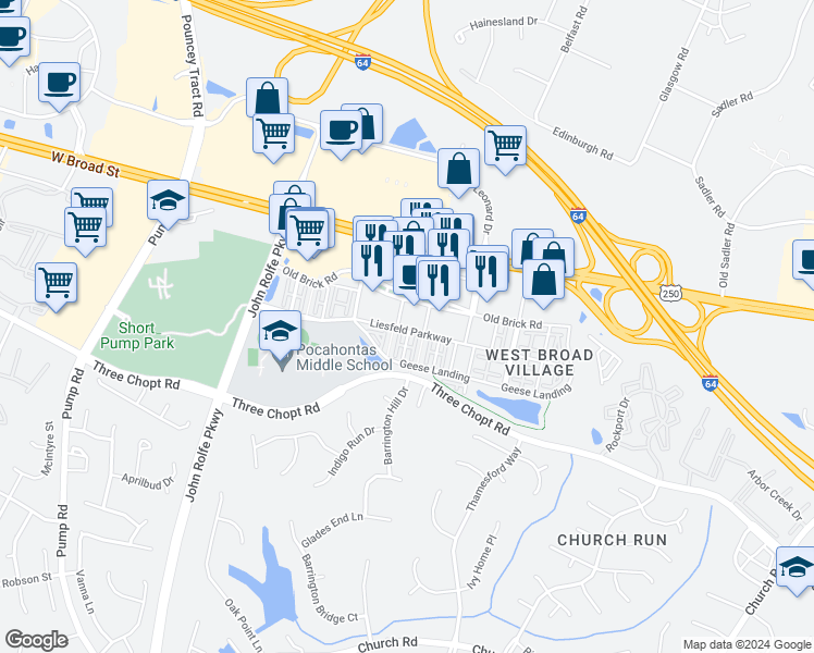 map of restaurants, bars, coffee shops, grocery stores, and more near 2334 Liesfeld Parkway in Henrico