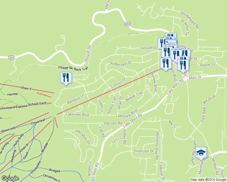 map of restaurants, bars, coffee shops, grocery stores, and more near 204 Twin Lakes Lane in Mammoth Lakes