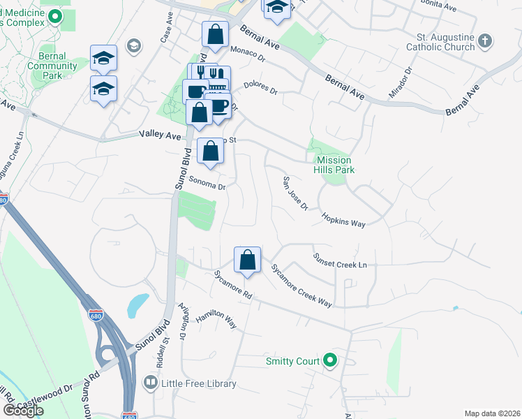 map of restaurants, bars, coffee shops, grocery stores, and more near 5720 San Juan Way in Pleasanton