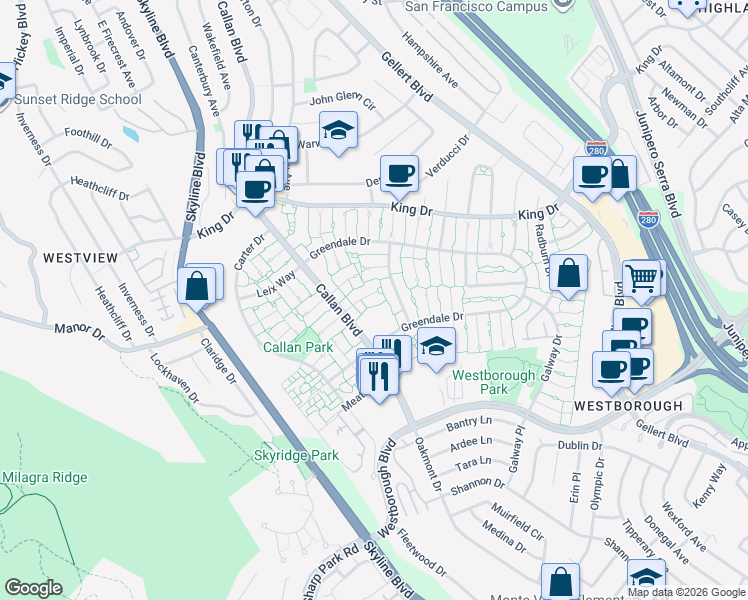 map of restaurants, bars, coffee shops, grocery stores, and more near 2555 Olmstead Court in South San Francisco