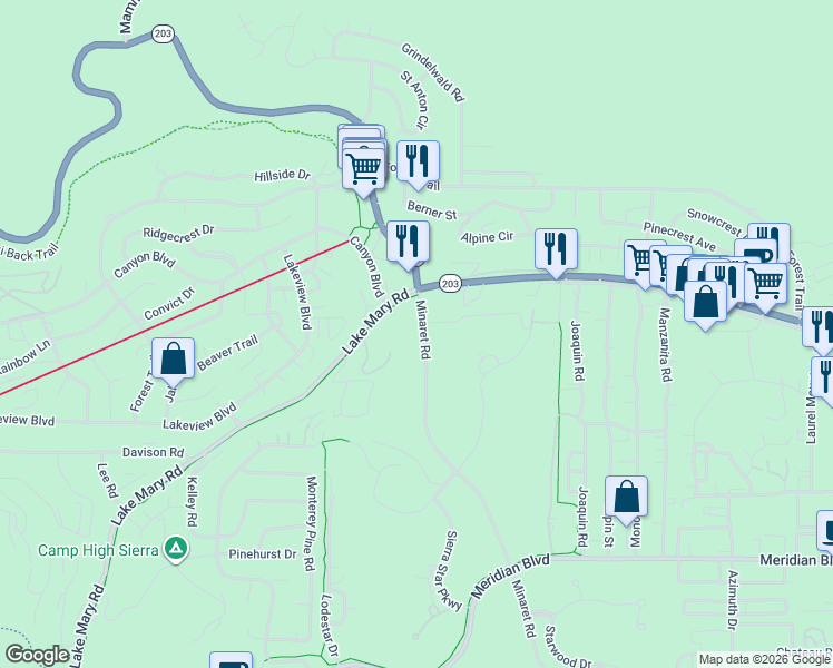 map of restaurants, bars, coffee shops, grocery stores, and more near 5857 Minaret Road in Mammoth Lakes
