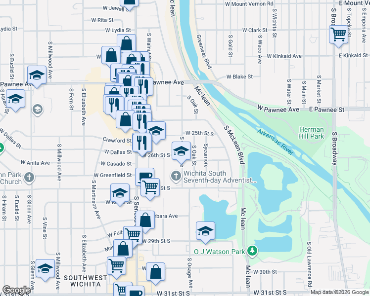 map of restaurants, bars, coffee shops, grocery stores, and more near 2634 South Osage Avenue in Wichita