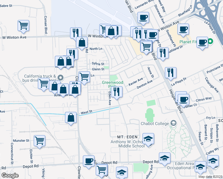 map of restaurants, bars, coffee shops, grocery stores, and more near 24240 Eden Avenue in Hayward