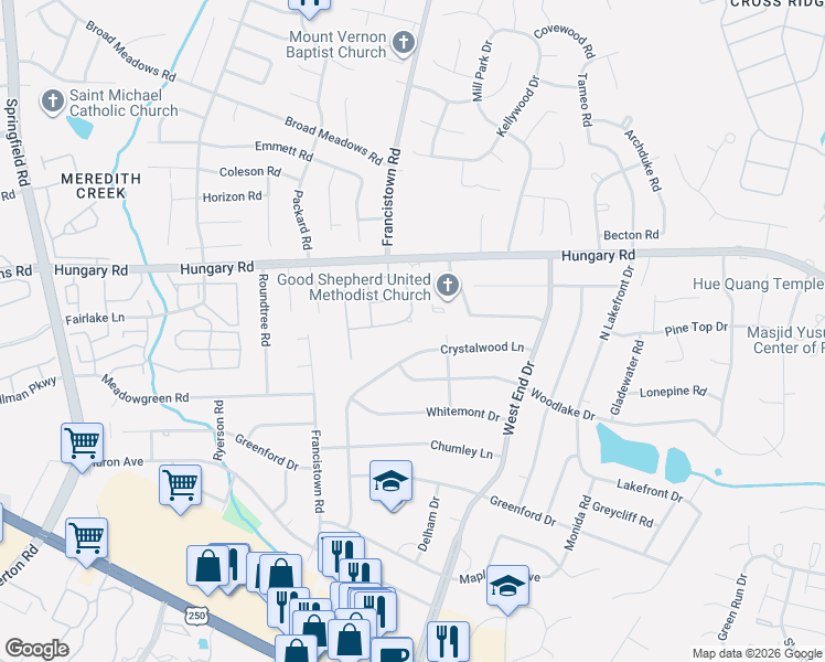 map of restaurants, bars, coffee shops, grocery stores, and more near 9202 Crystalwood Lane in Richmond
