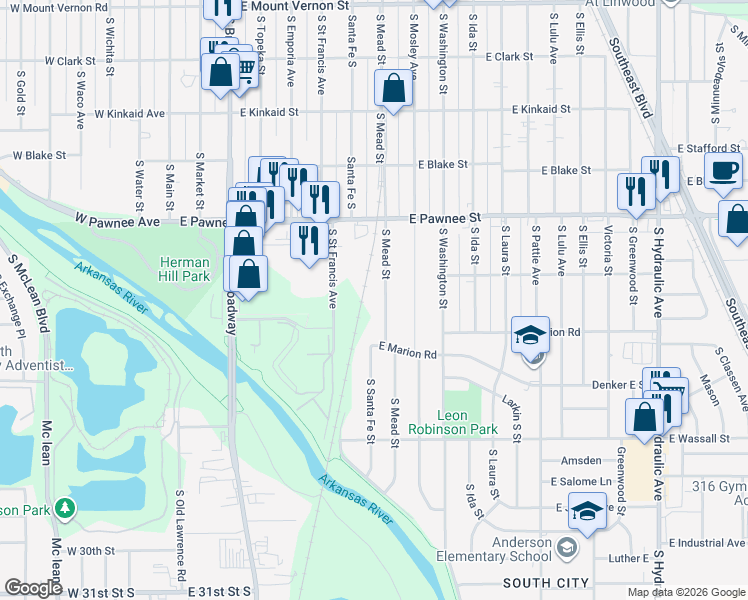 map of restaurants, bars, coffee shops, grocery stores, and more near 2521 S Mead St in Wichita