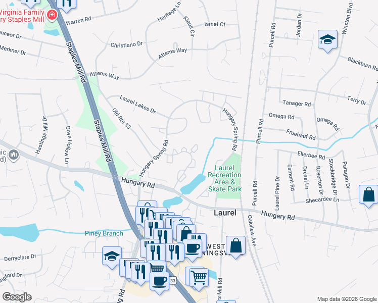map of restaurants, bars, coffee shops, grocery stores, and more near 9389 Horse Castle Court in Glen Allen