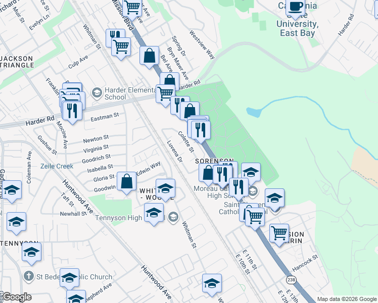 map of restaurants, bars, coffee shops, grocery stores, and more near 26661 Colette Street in Hayward