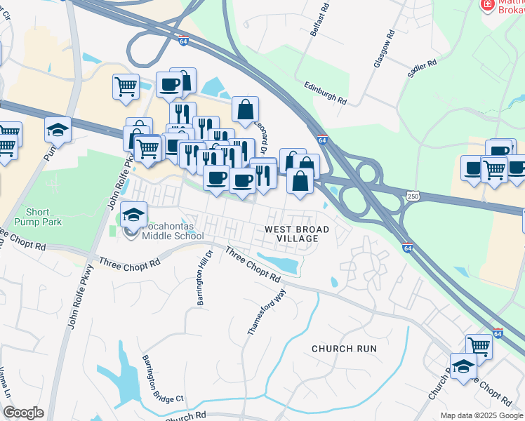 map of restaurants, bars, coffee shops, grocery stores, and more near Strolling Lane in Henrico
