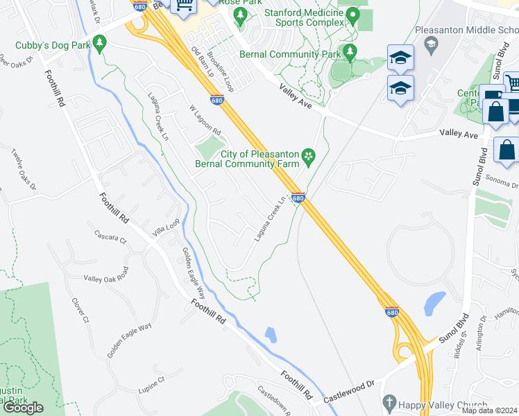 map of restaurants, bars, coffee shops, grocery stores, and more near 1019 Deer Creek Court in Pleasanton