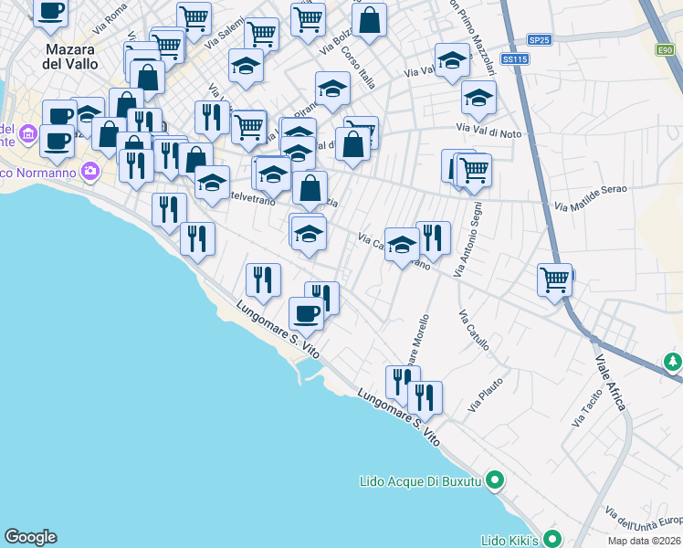 map of restaurants, bars, coffee shops, grocery stores, and more near 12 Piazzale Europa in Mazara del Vallo