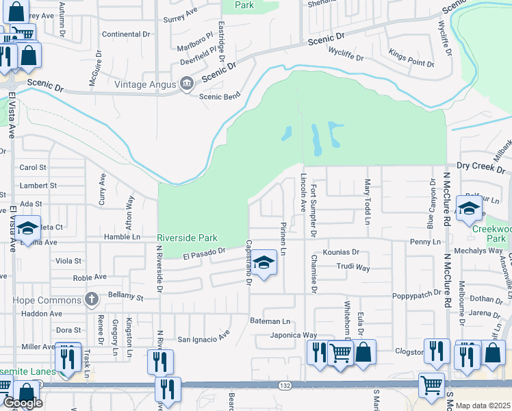 map of restaurants, bars, coffee shops, grocery stores, and more near 545 Navarre Place in Modesto
