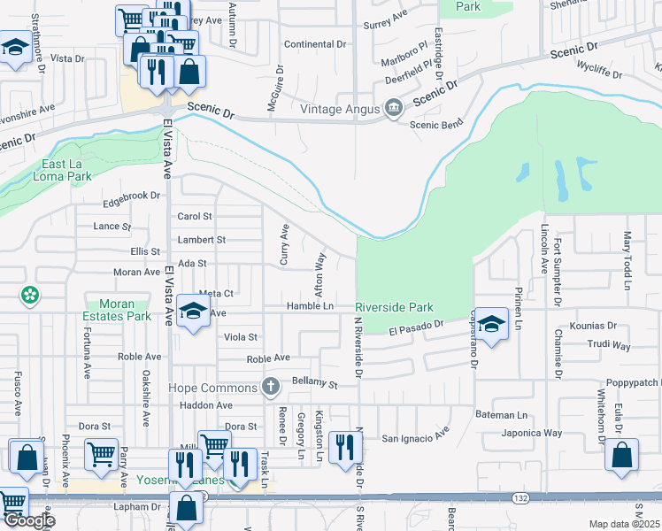 map of restaurants, bars, coffee shops, grocery stores, and more near 529 Brookview Court in Modesto