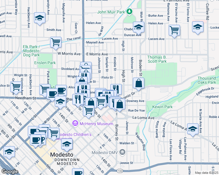 map of restaurants, bars, coffee shops, grocery stores, and more near 214 Semple St in Modesto