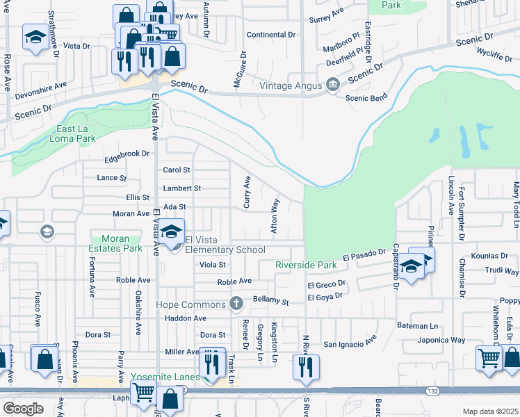 map of restaurants, bars, coffee shops, grocery stores, and more near 2425 Ada Street in Modesto