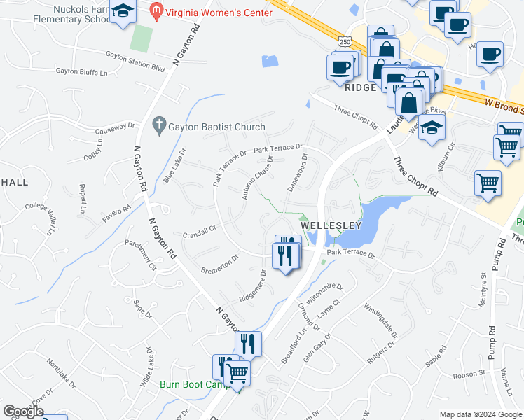 map of restaurants, bars, coffee shops, grocery stores, and more near 13125 Middle Ridge Way in Henrico