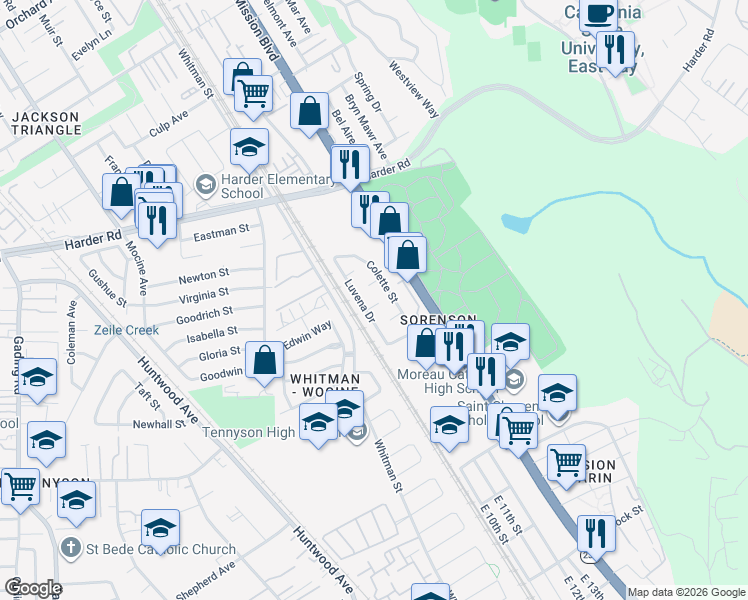 map of restaurants, bars, coffee shops, grocery stores, and more near 26661 Colette Street in Hayward