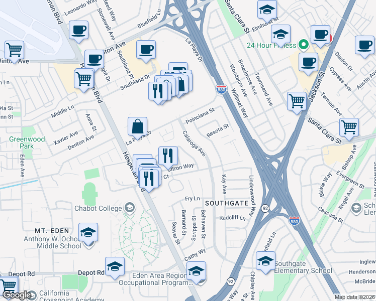 map of restaurants, bars, coffee shops, grocery stores, and more near 24790 Papaya Street in Hayward