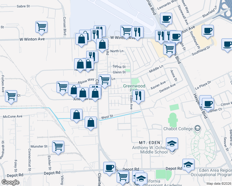 map of restaurants, bars, coffee shops, grocery stores, and more near 232 Caterina Way in Hayward
