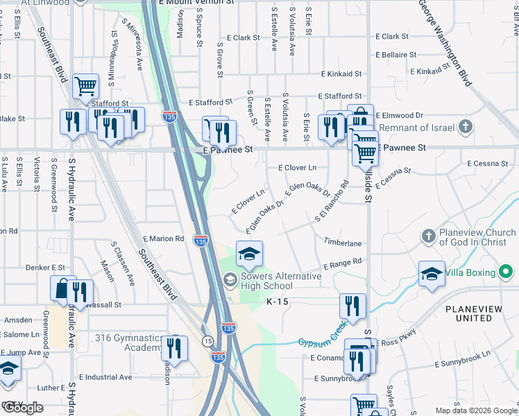 map of restaurants, bars, coffee shops, grocery stores, and more near 2635-2645 Glen Oaks Drive in Wichita