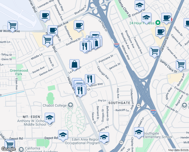 map of restaurants, bars, coffee shops, grocery stores, and more near 24790 Papaya Street in Hayward