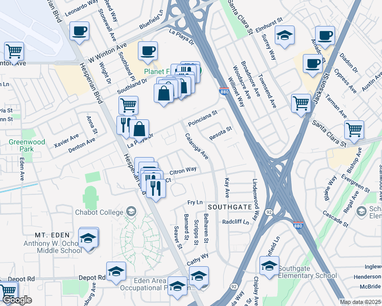 map of restaurants, bars, coffee shops, grocery stores, and more near 24790 Papaya Street in Hayward