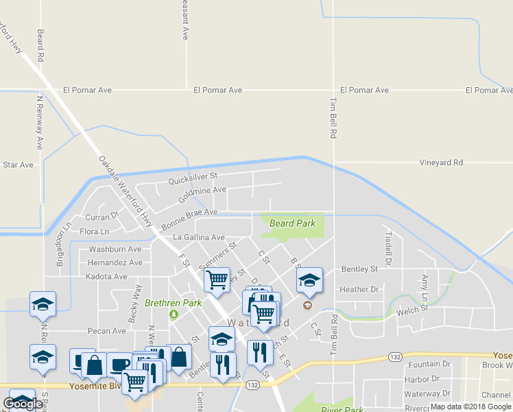 map of restaurants, bars, coffee shops, grocery stores, and more near 12707 Bonnie Brae Avenue in Waterford