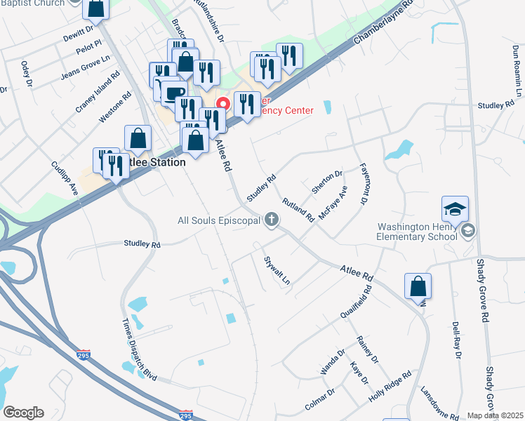 map of restaurants, bars, coffee shops, grocery stores, and more near 9094 Atlee Road in Mechanicsville