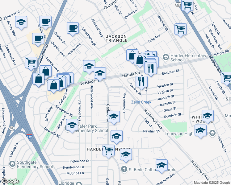 map of restaurants, bars, coffee shops, grocery stores, and more near 25906 Gading Road in Hayward