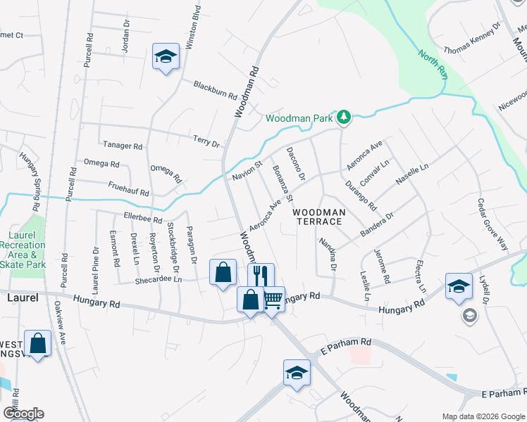 map of restaurants, bars, coffee shops, grocery stores, and more near 9803 Thacker Lane in Richmond