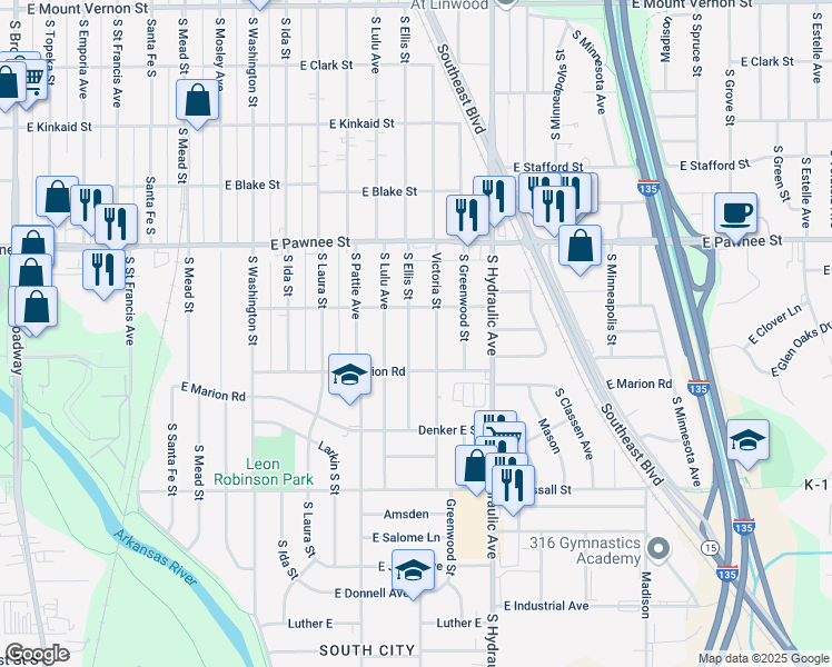 map of restaurants, bars, coffee shops, grocery stores, and more near 2528 Ellis South in Wichita