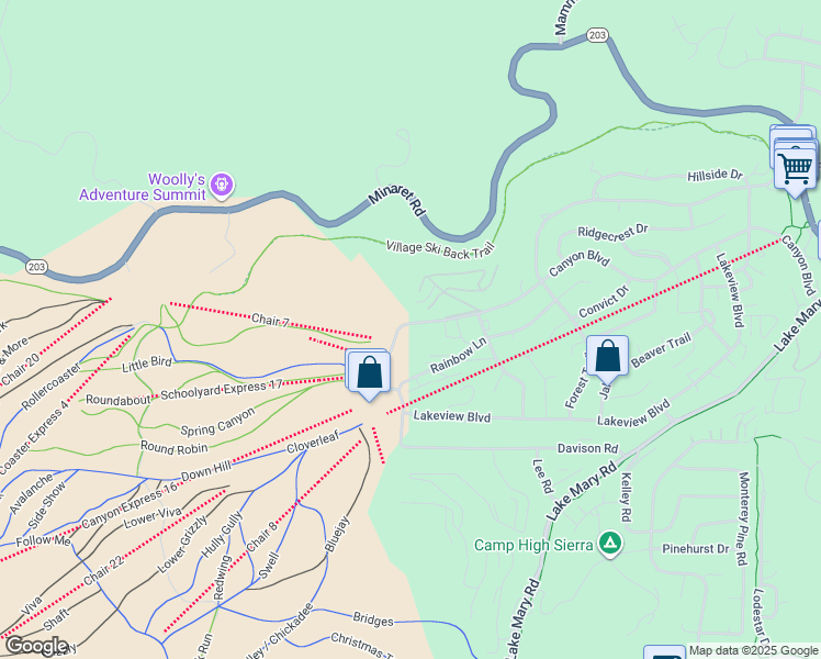 map of restaurants, bars, coffee shops, grocery stores, and more near 895 Canyon Boulevard in Mammoth Lakes
