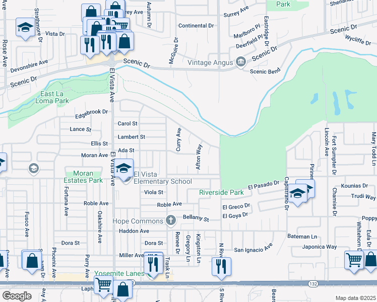 map of restaurants, bars, coffee shops, grocery stores, and more near 2425 Ada Street in Modesto