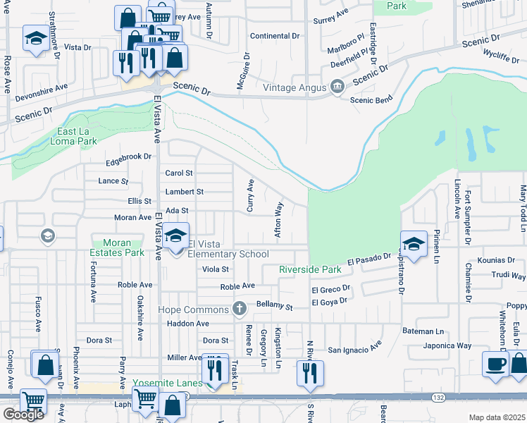 map of restaurants, bars, coffee shops, grocery stores, and more near 2425 Ada Street in Modesto