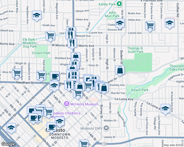 map of restaurants, bars, coffee shops, grocery stores, and more near 214 Semple Street in Modesto