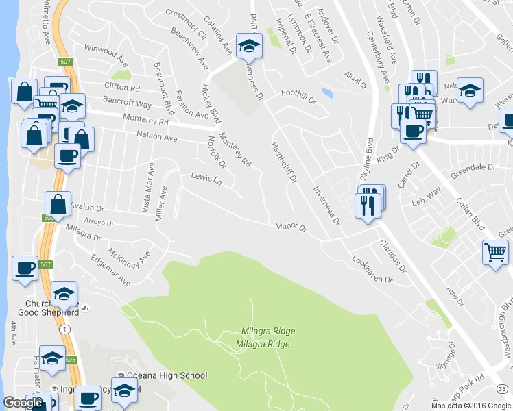 map of restaurants, bars, coffee shops, grocery stores, and more near 549 Monterey Road in Pacifica