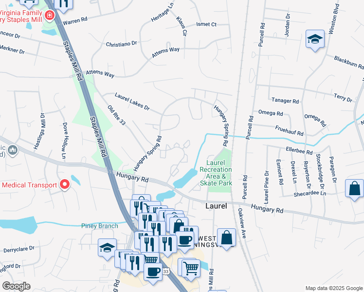 map of restaurants, bars, coffee shops, grocery stores, and more near 9389 Horse Castle Court in Glen Allen