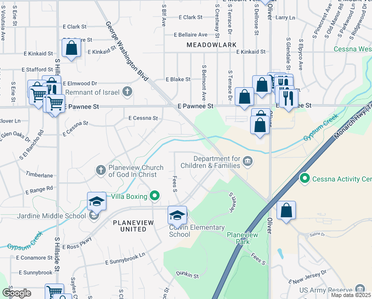 map of restaurants, bars, coffee shops, grocery stores, and more near 4132 E Whitney Ln in Wichita