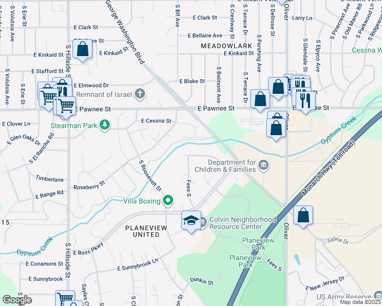 map of restaurants, bars, coffee shops, grocery stores, and more near 4040 East Whitney Lane in Wichita