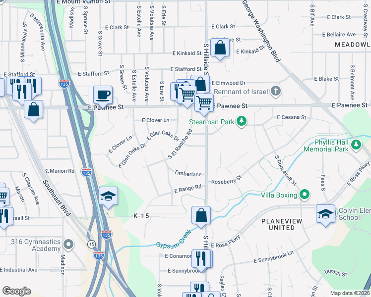 map of restaurants, bars, coffee shops, grocery stores, and more near 3111 East Glen Oaks Drive in Wichita