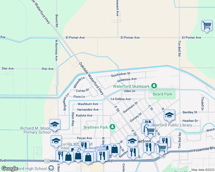 map of restaurants, bars, coffee shops, grocery stores, and more near 12215 Goldmine Avenue in Waterford