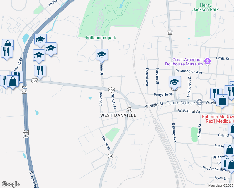 map of restaurants, bars, coffee shops, grocery stores, and more near 1118 Perryville Road in Danville