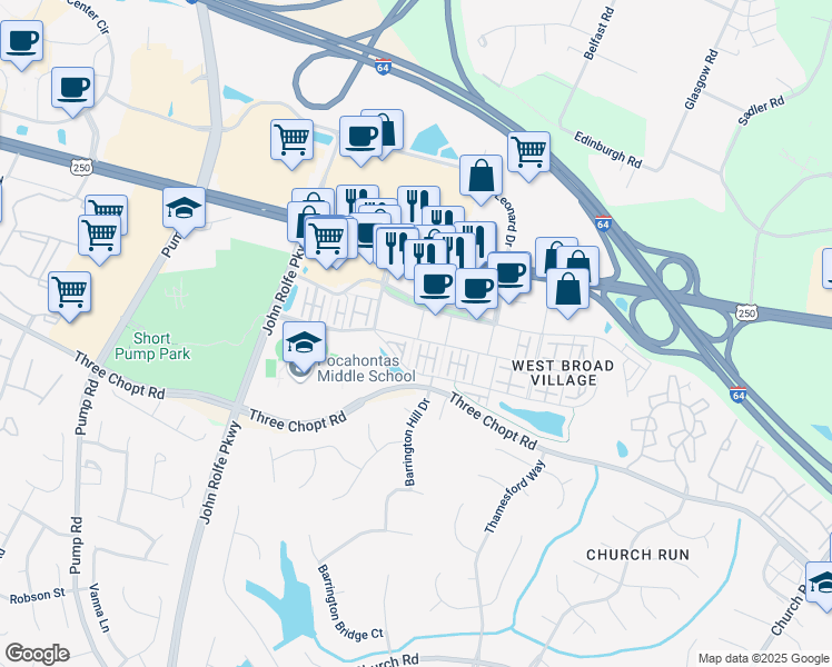 map of restaurants, bars, coffee shops, grocery stores, and more near 2400 Liesfeld Parkway in Glen Allen