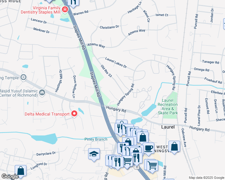 map of restaurants, bars, coffee shops, grocery stores, and more near 9500 Hungary Spring Road in Glen Allen