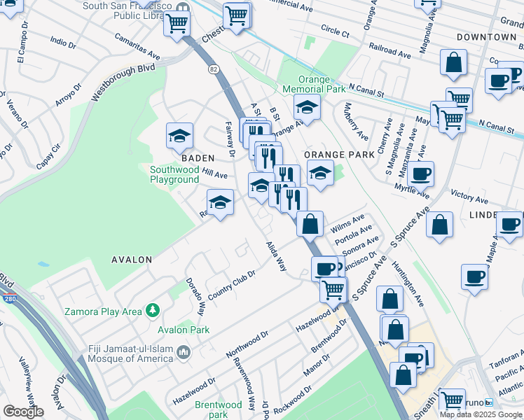 map of restaurants, bars, coffee shops, grocery stores, and more near 434 Alida Way in South San Francisco