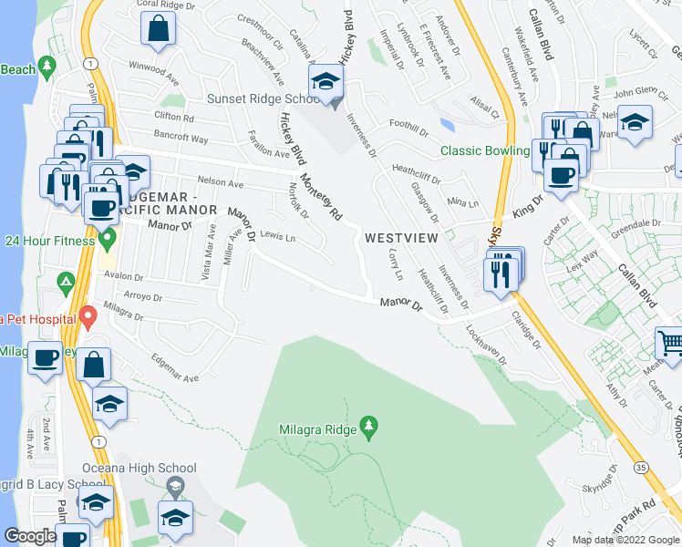 map of restaurants, bars, coffee shops, grocery stores, and more near 530 Lewis Lane in Pacifica