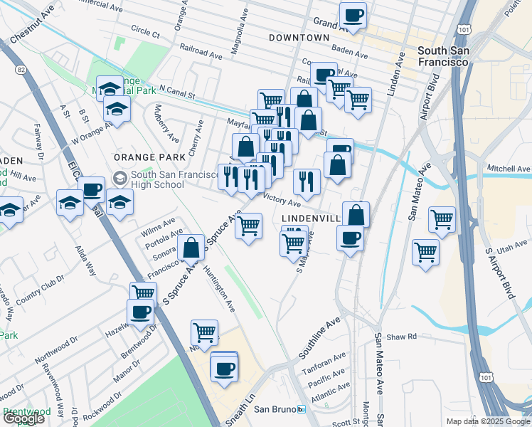 map of restaurants, bars, coffee shops, grocery stores, and more near 219 Ryan Way in South San Francisco